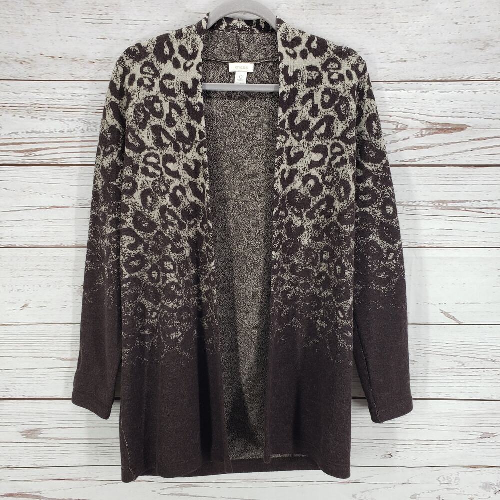 Chico's Women's 100%Wool Knit Animal Print Ombre Open Cardigan Size 0